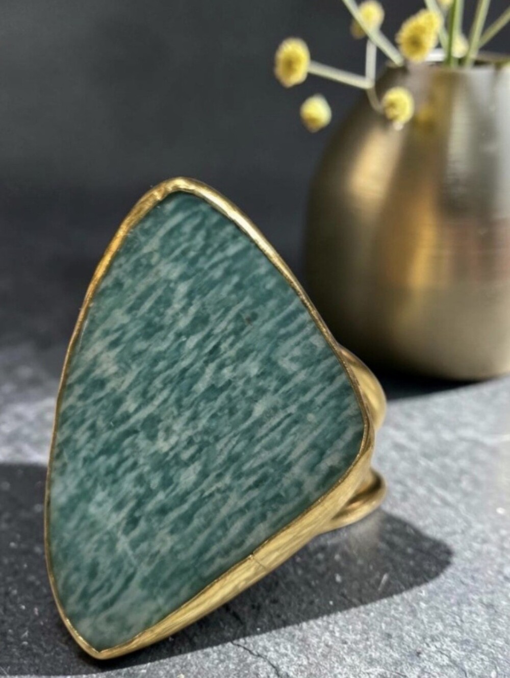 18k Gold Plated Artisan Big Genuine Amazonite Tranquility Stone Ring